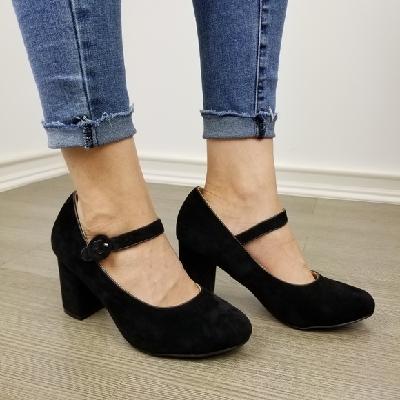 Cute black faux suede chunky heel pumps - Picture 3 of 8